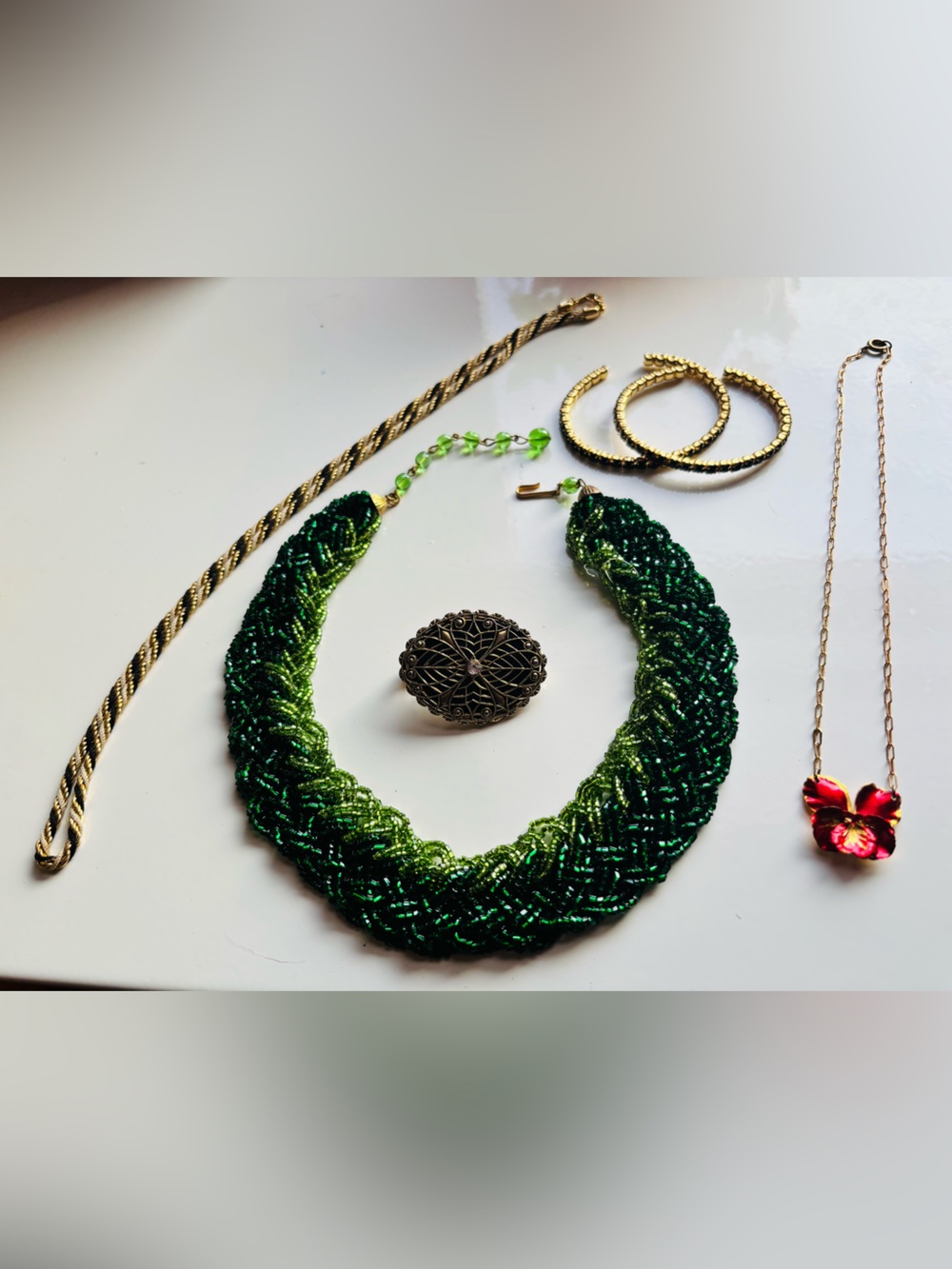 Vintage Old Money Luxury Aesthetic Jewelry Lot Pansy Necklace Emerald Beads Jet